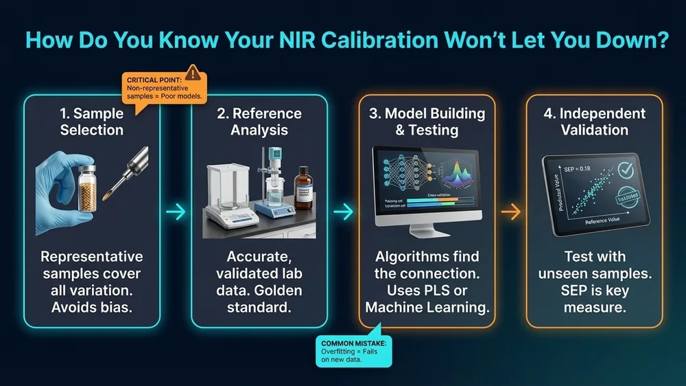 Flowchart showing the key steps to validate calibration before NIR deployment, including cross-validation, external validation, and bias checking.