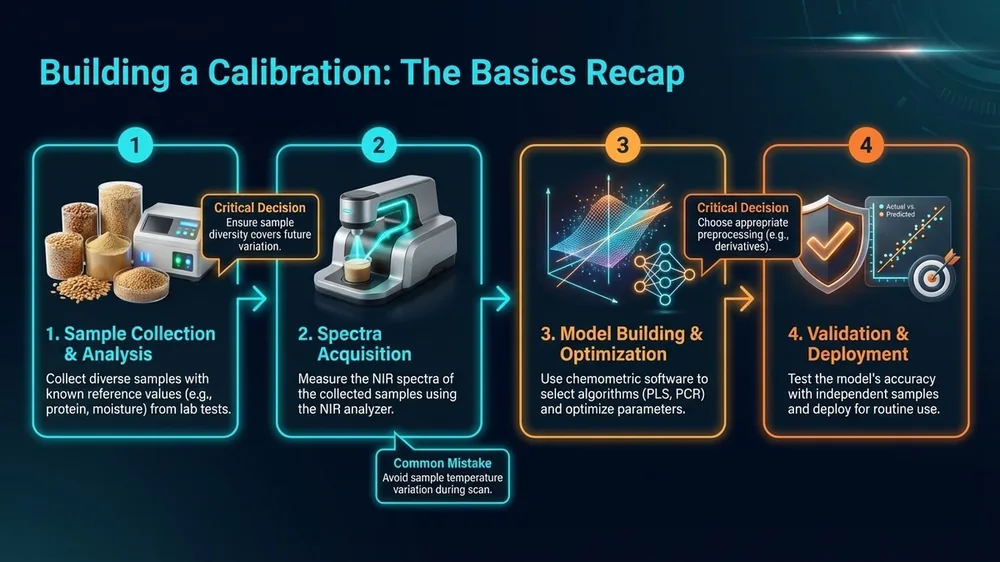 Diagram showing the three core steps in NIR calibration development: sample collection with reference analysis, spectral scanning, and PLS model building.
