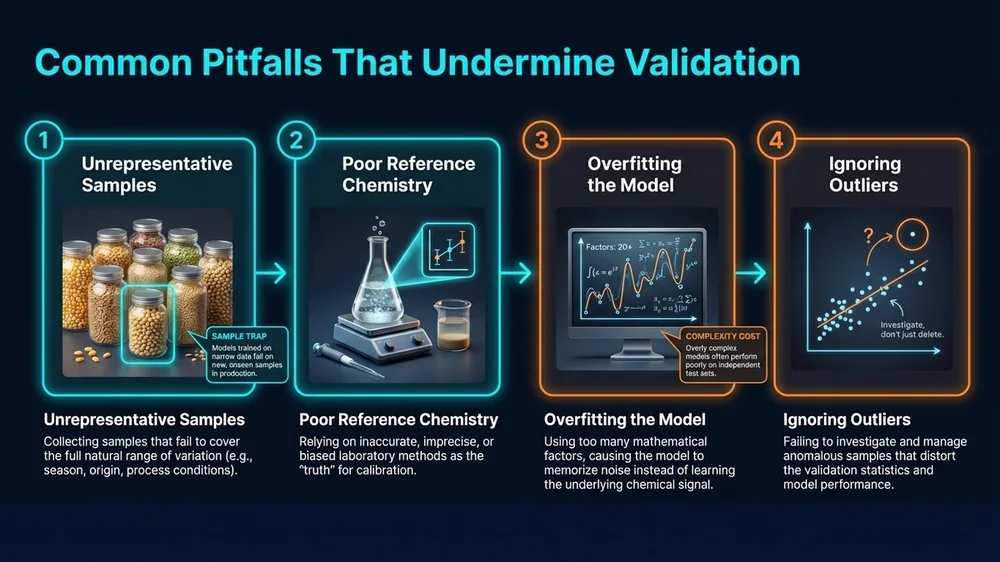 Infographic showing four common NIR calibration validation pitfalls: unrepresentative training samples, reference method errors, ignored outliers, and over-reliance on cross-validation