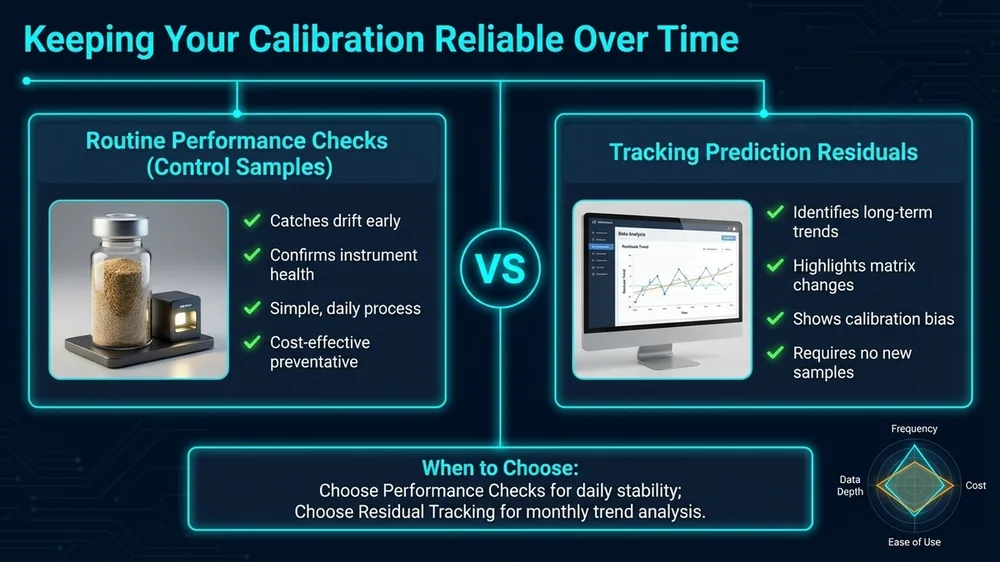 Diagram showing a timeline-based approach to maintaining NIR calibration reliability, including scheduled control sample checks, residual tracking, and model update triggers