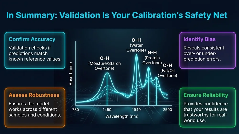 Summary diagram showing NIR calibration validation as a safety net, showing cross-validation, external testing, residual analysis, and bias checking as interconnected steps