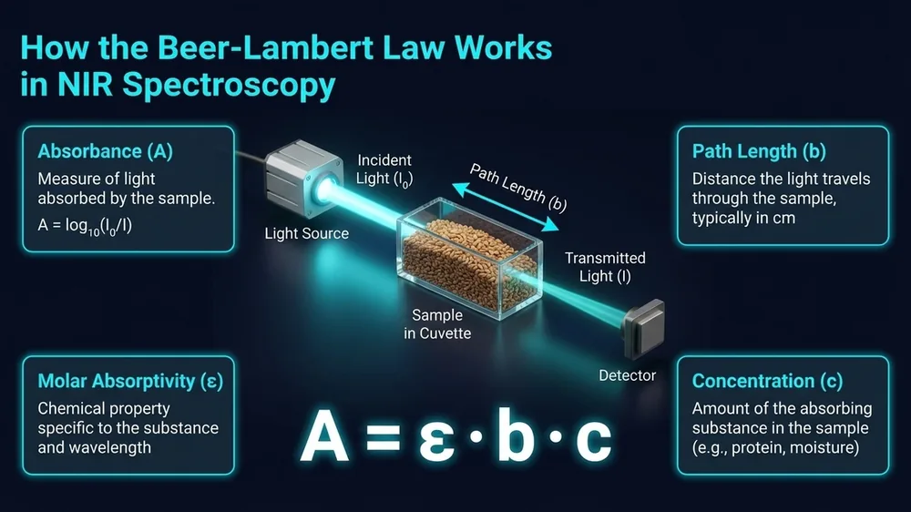 Diagram showing Beer-Lambert law applied in NIR spectroscopy with light path and absorption at specific wavelengths through a grain sample