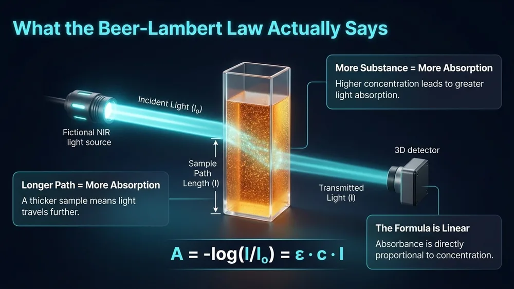 Beer-Lambert law diagram showing absorbance increasing with concentration and path length in NIR spectroscopy analysis of food samples