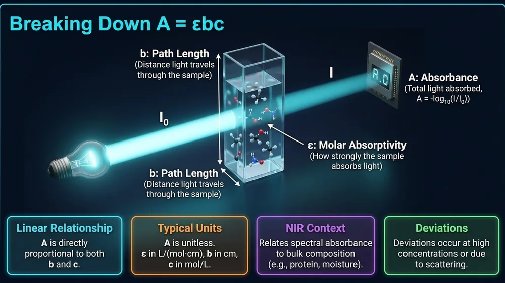 Beer-Lambert law equation A equals epsilon b c shown with NIR light passing through a food sample matrix showing path length and concentration relationship
