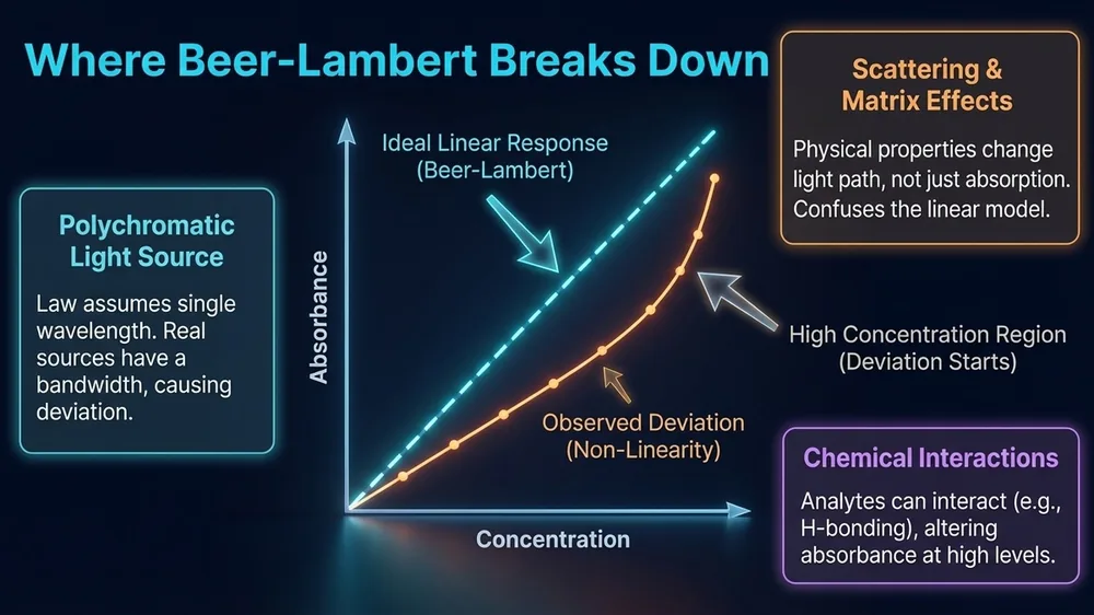 Graph showing Beer-Lambert law deviation at high concentrations in NIR spectroscopy calibration with curved residuals showing non-linear absorbance response