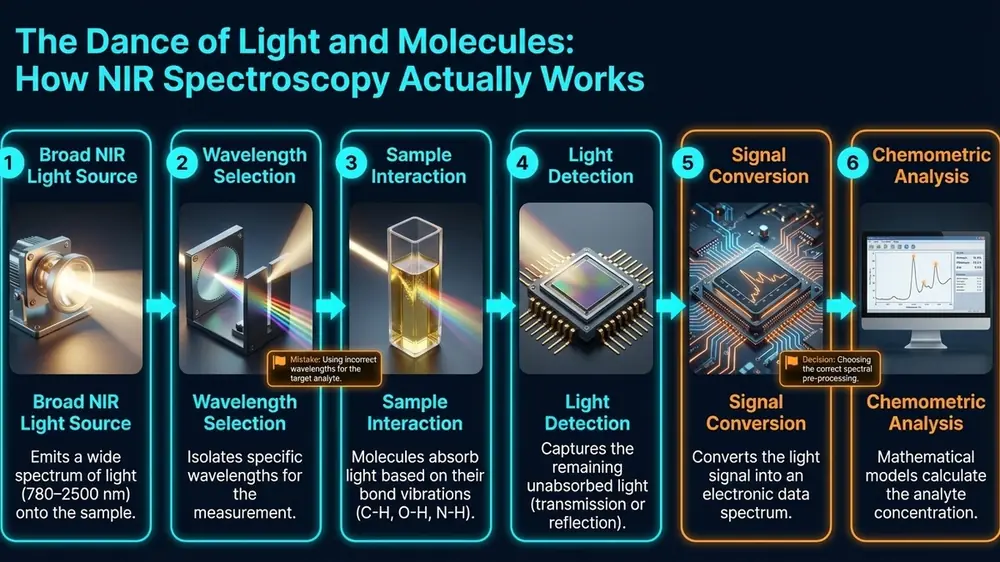 Annotated NIR spectroscopy diagram showing light source emitting 780–2500 nm radiation, sample interaction zone where C-H, O-H, and N-H bonds absorb specific wavelengths, and detector capturing reflected and transmitted NIR light