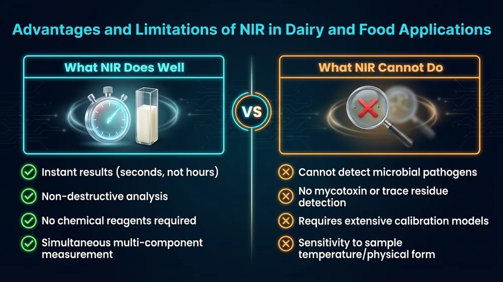 Annotated NIR spectroscopy diagram comparing advantages and limitations of inline NIR analysis in dairy processing, showing labeled measurement components on a dark navy background.