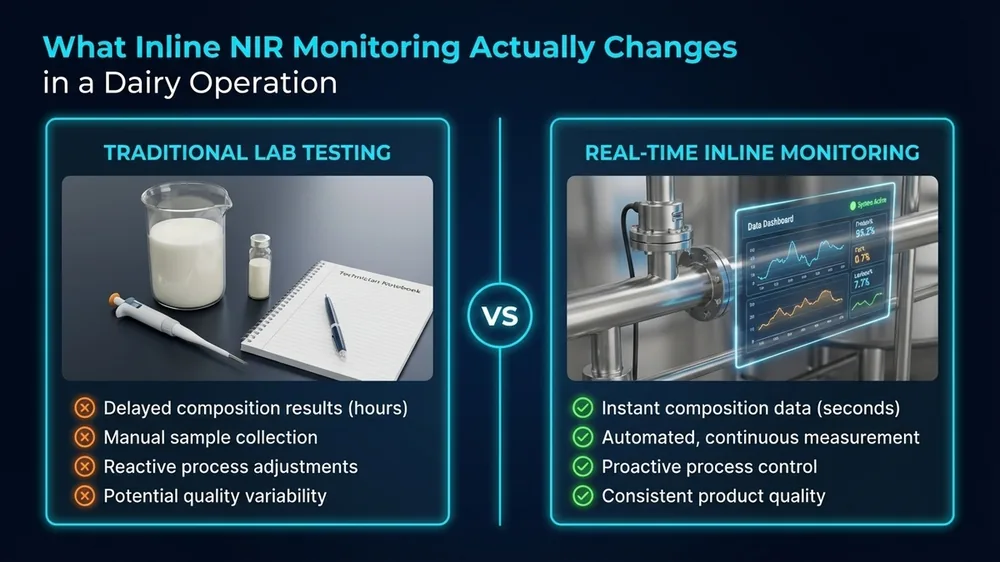 Photorealistic image of a dairy processing line with an inline NIR sensor probe installed in a stainless steel pipe, enabling real-time fat and protein monitoring during production.