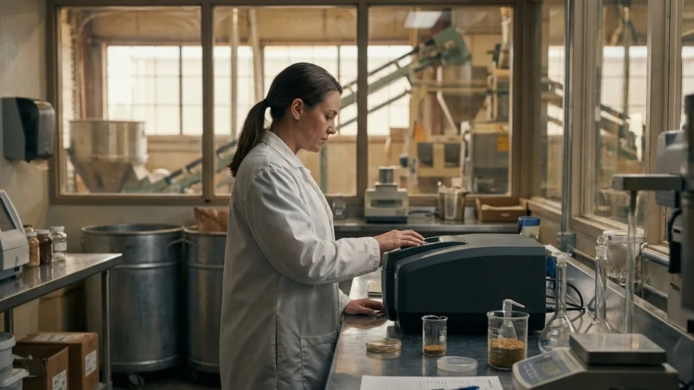 NIR spectroscopy instrument used in grain and feed quality analysis on a production floor