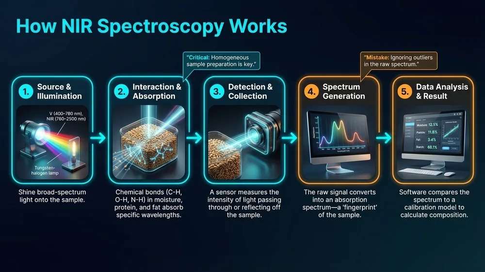 Diagram showing how NIR spectroscopy measures light absorption to predict protein, moisture, and fat in grain samples