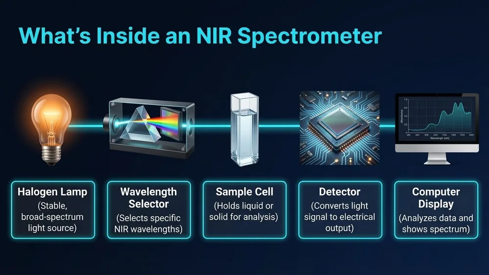Annotated diagram of NIR spectrometer components including light source, sample module, wavelength selector, detector, and reference standard