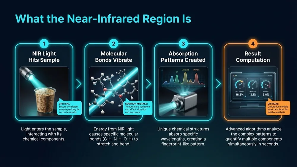 Diagram of the near-infrared region showing key absorption bands for oil, protein, and moisture in oilseeds