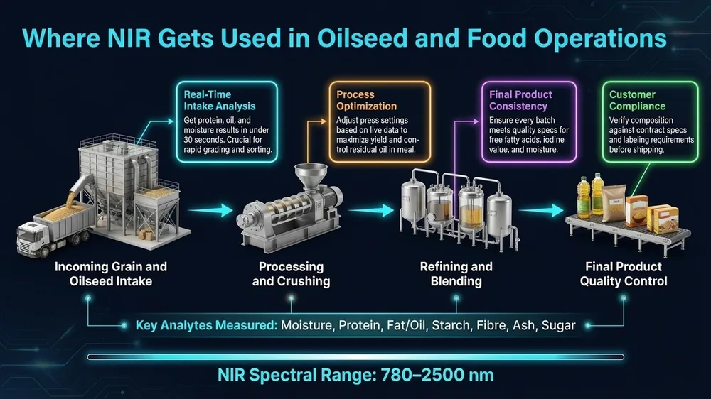 Operator using NIR spectroscopy instrument at grain intake station for rapid protein, oil, and moisture analysis on incoming loads
