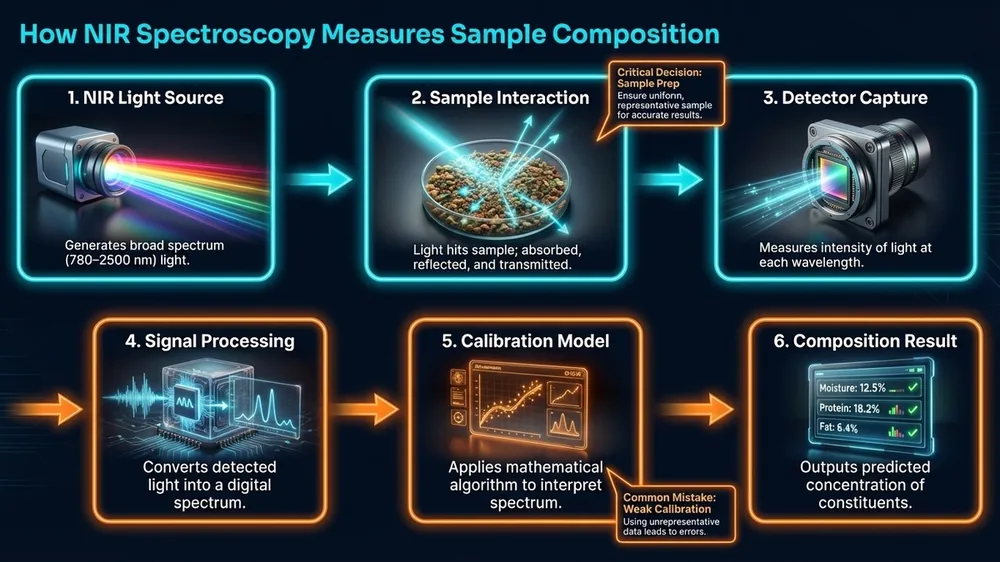 Five-step flow diagram showing how NIR spectroscopy measures sample composition in food and feed — from sample loading through spectral data output — on a dark navy background