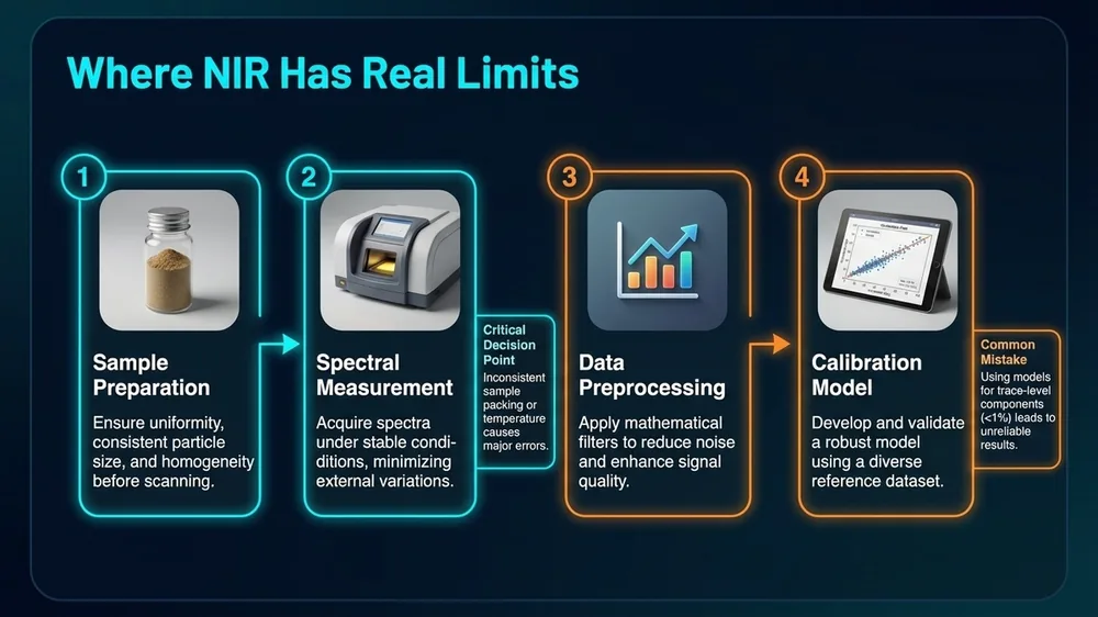 Diagram showing three key limitations of NIR spectroscopy in food and feed analysis: trace-level detection limits, calibration dependency, and matrix interference effects