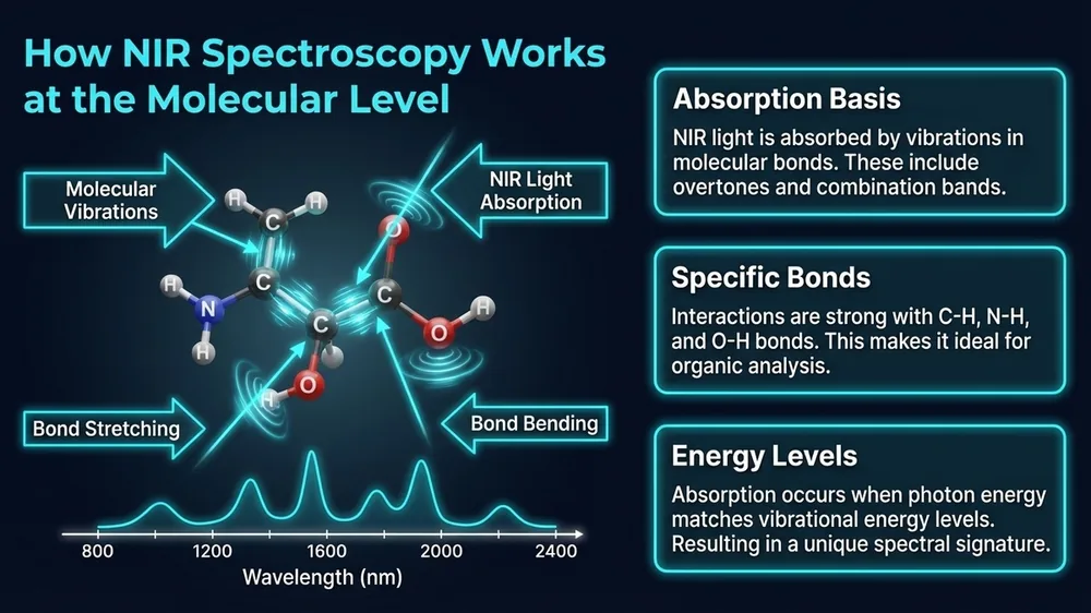 Diagram showing molecular bond vibrations and NIR light absorption wavelengths between 780 and 2500 nanometers, showing how NIR spectroscopy detects proteins, fats, and carbohydrates