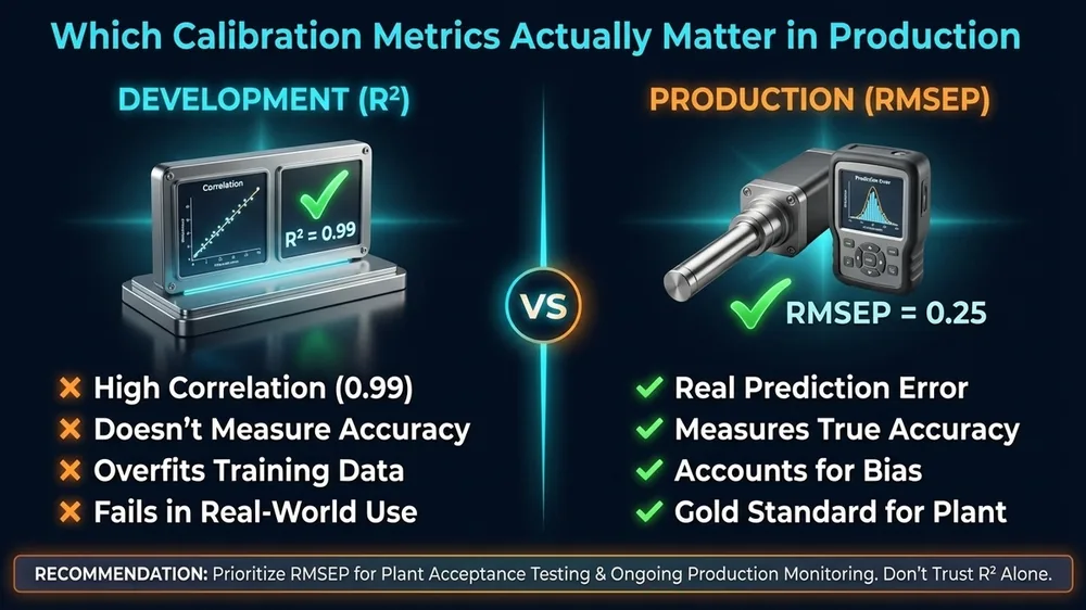 Annotated calibration metrics diagram for NIR spectroscopy showing RMSEP, bias, RPD values, and predicted versus reference concentration plot used in food and feed production quality control