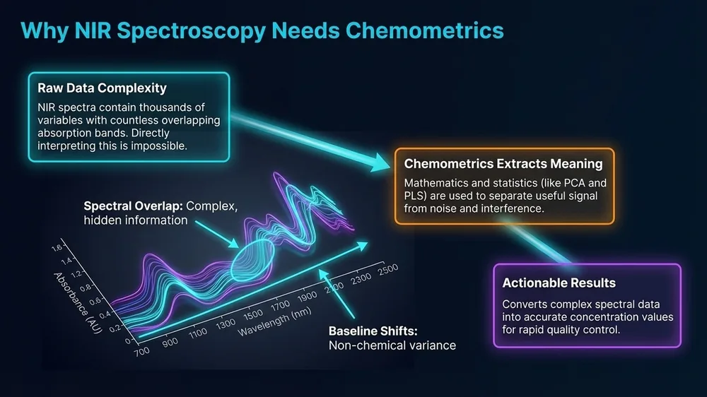 NIR spectrometer connected to chemometrics software on a computer screen in a grain facility showing why NIR spectroscopy needs chemometrics to deliver usable results