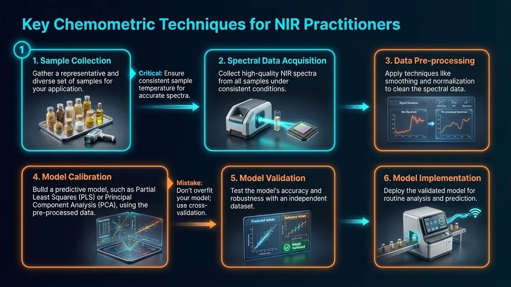 Overview of key chemometric techniques used in NIR spectroscopy including PCA PLS and PCR for food and feed calibration