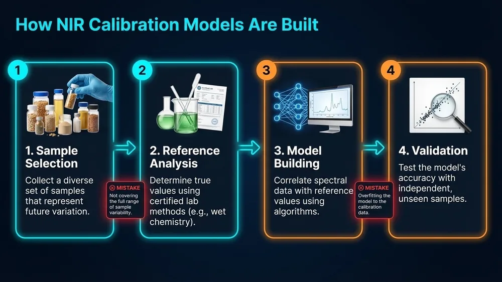 Step-by-step diagram showing how NIR calibration models are built, from sample collection through pre-processing, model building, validation, and deployment