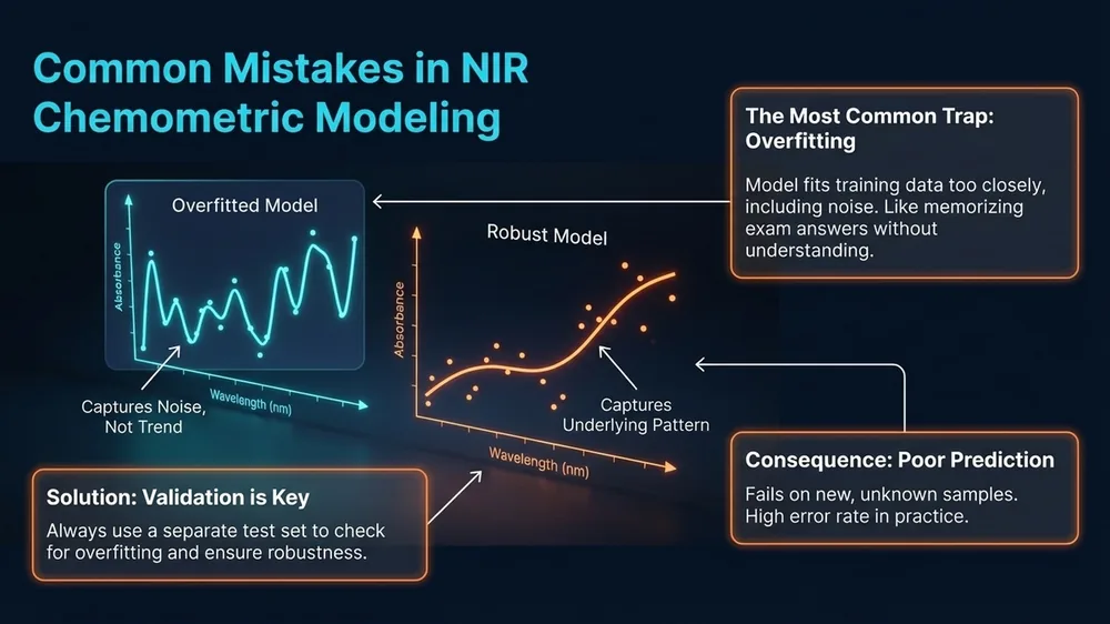 Diagram showing overfitting in NIR calibration, where a model fits training data noise and produces large errors on new production samples