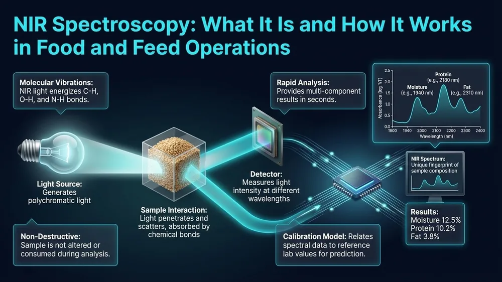 Annotated NIR spectroscopy diagram showing instrument components and process flow for food and feed quality analysis on a dark navy background