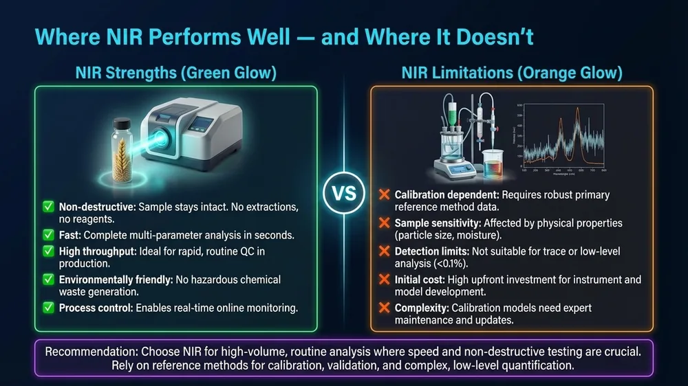 Side-by-side diagram showing NIR spectroscopy strengths such as speed and non-destructive testing versus limitations including water interference and low-concentration detection failures