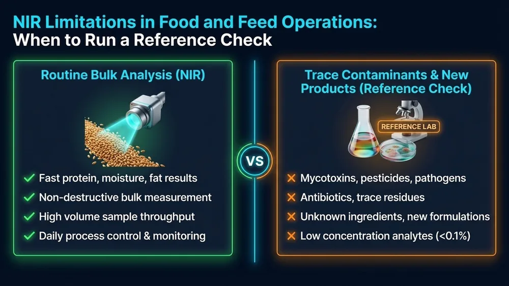 Educational concept slide showing NIR spectroscopy applications in grain, feed, and food operations with a central 3D NIR instrument render and four labeled callout boxes on a dark navy background
