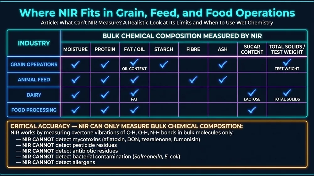 Infographic showing NIR spectroscopy workflow in grain and feed quality analysis, from incoming raw material sampling through processing to finished product testing, with labeled decision points at each stage