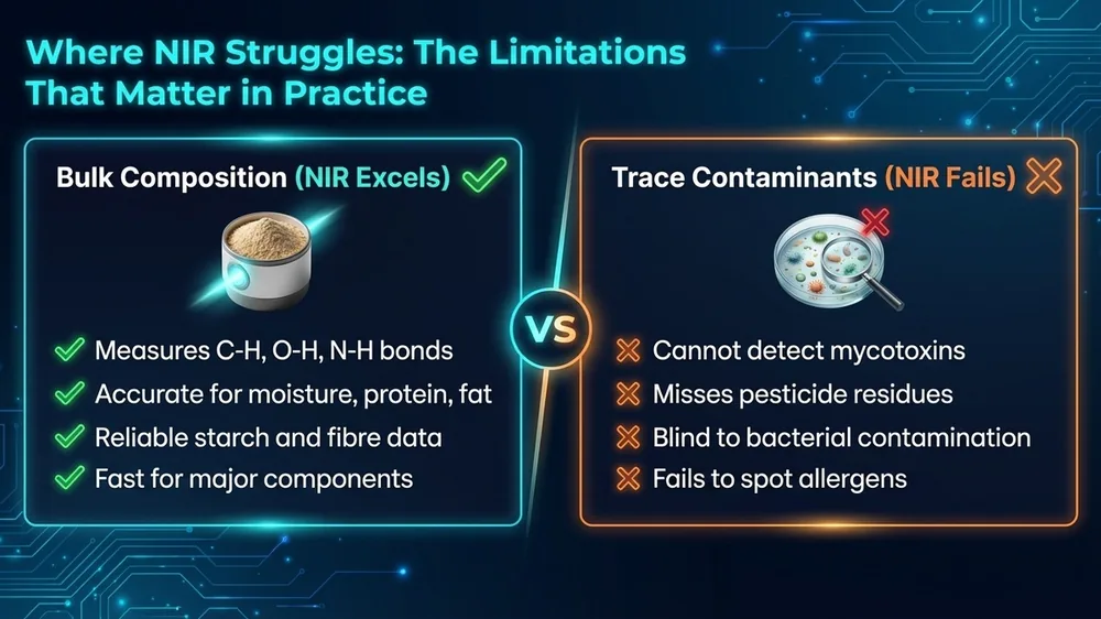 Diagram showing four key limitations of NIR spectroscopy in grain and feed analysis, including starch prediction challenges, instrument drift over time, calibration transfer between instruments, and undetected outlier samples