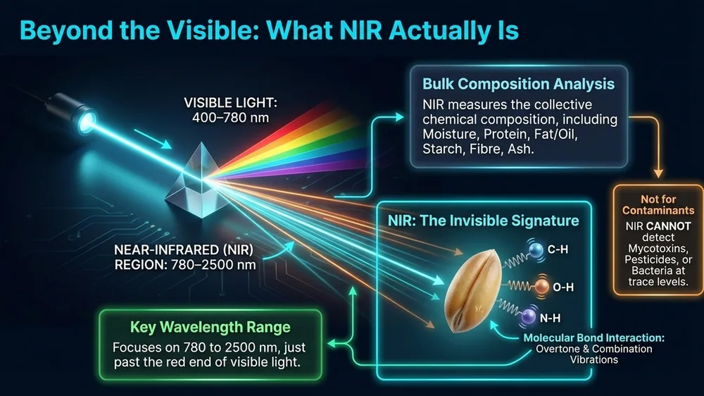 Electromagnetic spectrum diagram highlighting the near-infrared region between 780 and 2500 nanometers, used in NIR spectroscopy for grain and feed analysis.