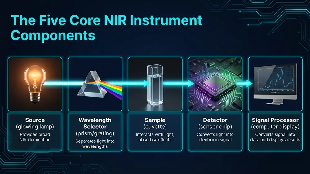 Annotated diagram of five core NIR instrument components: light source, wavelength selector, sample compartment, detector, and signal processor with arrows showing signal flow.
