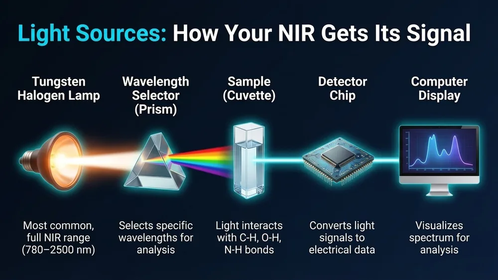 Diagram comparing tungsten halogen lamp and LED light sources in NIR instrument design, showing spectral output range and practical application differences for food and feed labs.