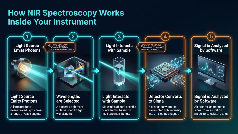Diagram showing core NIR instrument components and how near-infrared light is absorbed by grain samples to decode grain composition