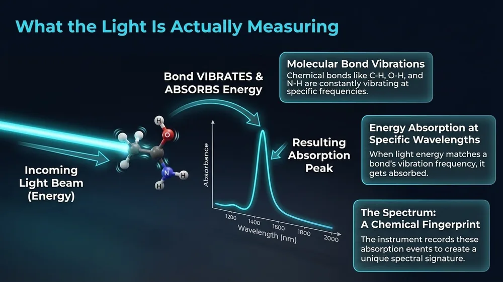 Illustration of NIR light measuring molecular bond vibrations in grain and feed samples to decode grain protein and moisture content