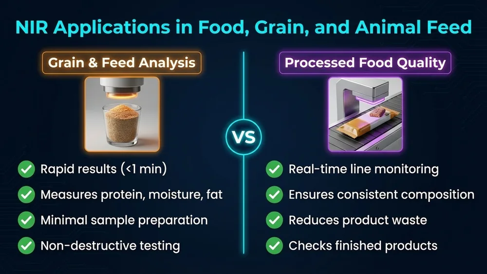 Overview of NIR spectroscopy applications across the food supply chain showing grain receiving, feed mills, and dairy processing where operators decode grain and feed quality