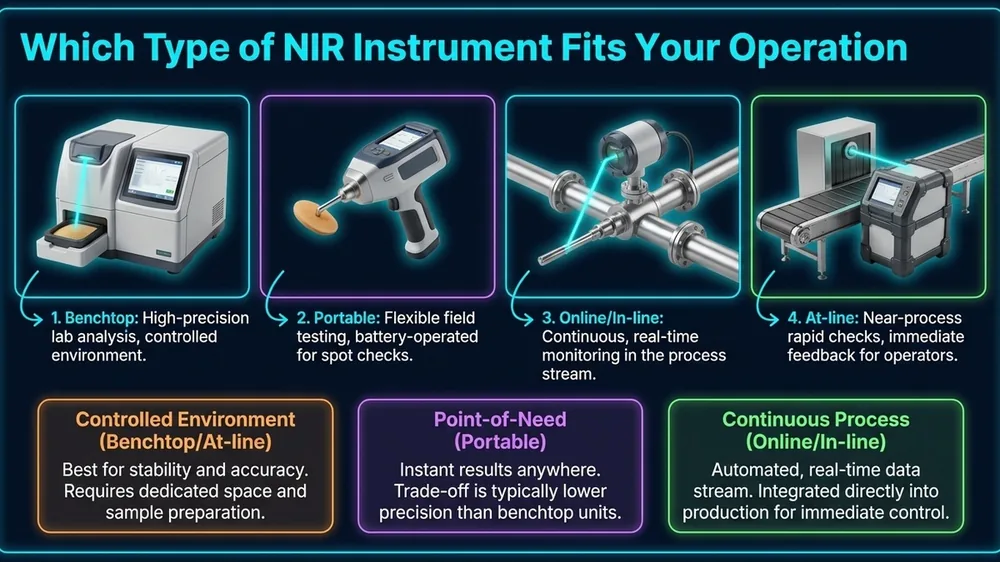 Comparison of benchtop, portable, and inline NIR instrument types showing which configuration best fits grain receiving, feed mill, and process applications