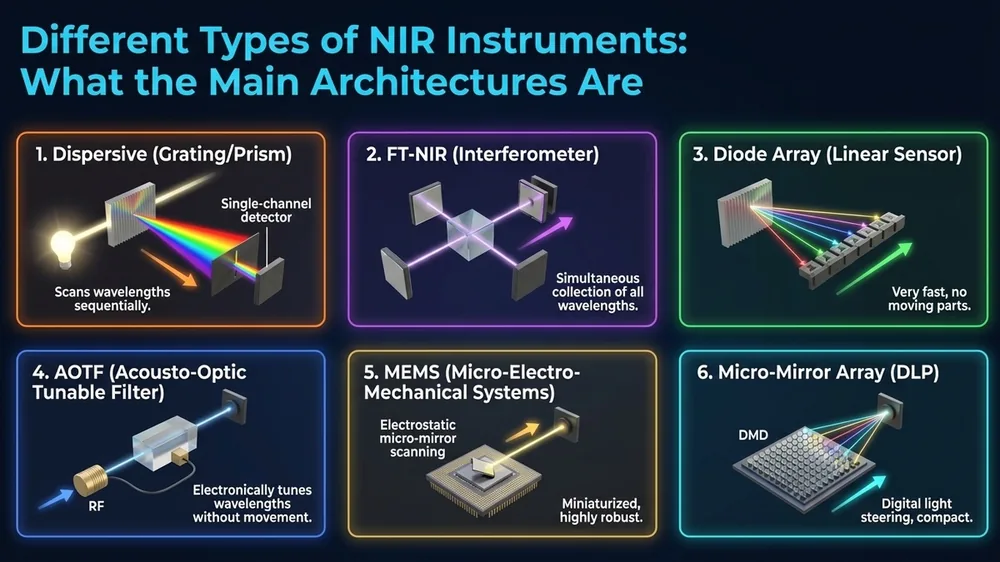 Annotated NIR spectroscopy diagram showing Different Types of NIR Instruments: What the Main Architectures Are with labeled components and callout boxes on a dark navy background