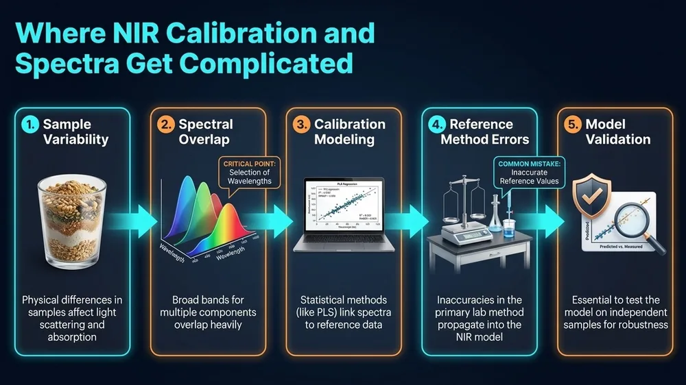 Diagram showing NIR instrument components and data flow for spectral analysis and calibration.