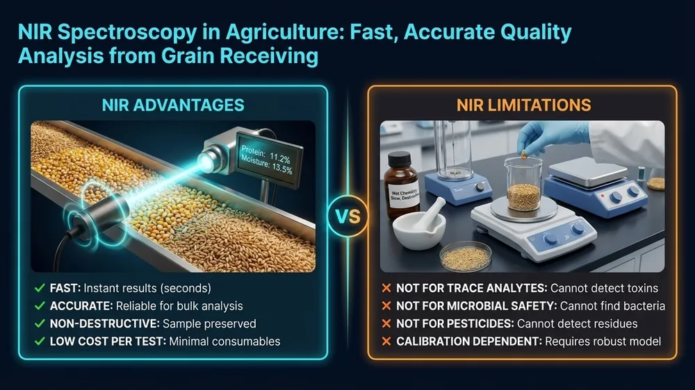 NIR spectroscopy equipment used for grain and feed quality analysis at a grain receiving facility.