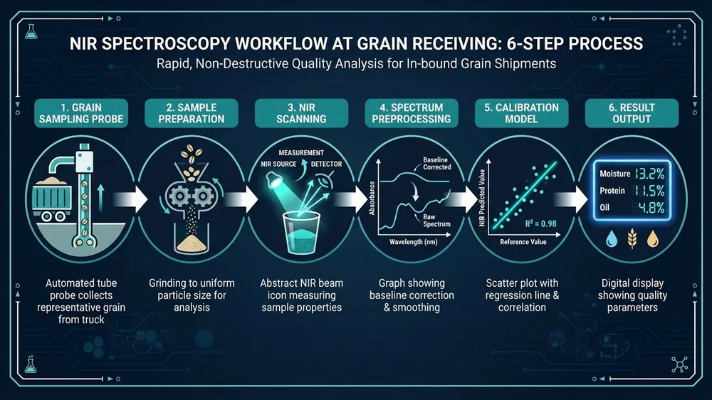 Diagram showing NIR spectroscopy workflow at grain receiving, from sample presentation to moisture and protein data output.