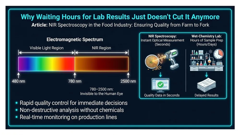 Diagram comparing NIR spectroscopy rapid analysis workflow against traditional wet chemistry lab methods showing time savings and cost reduction