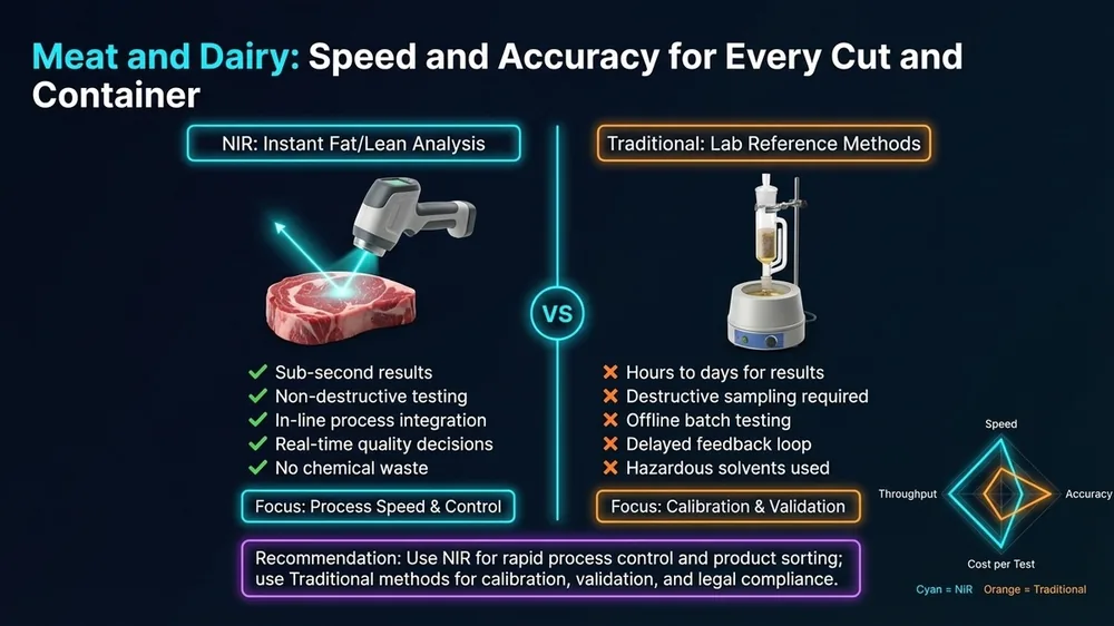 NIR spectroscopy diagram showing rapid protein, fat, and moisture analysis in meat and dairy processing lines for real-time quality control