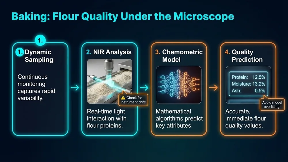 NIR spectroscopy system measuring flour protein, moisture, and ash content at intake conveyor in a commercial bakery for real-time hydration adjustment