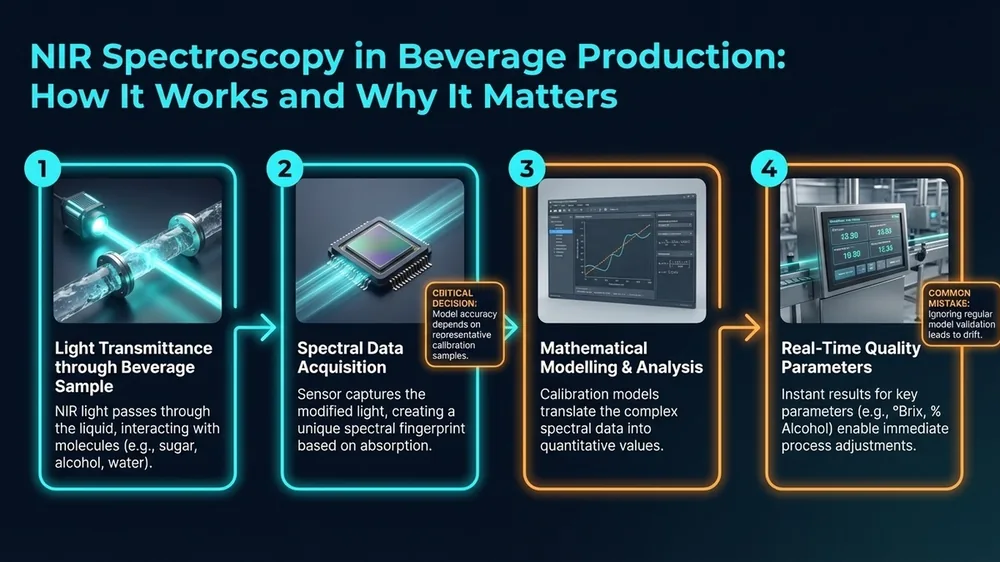 NIR transmission spectroscopy setup for beverage quality control in juice and wine production