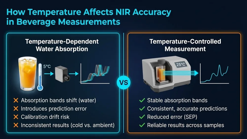 Temperature effect on NIR water absorption bands in beverage samples showing spectral shift