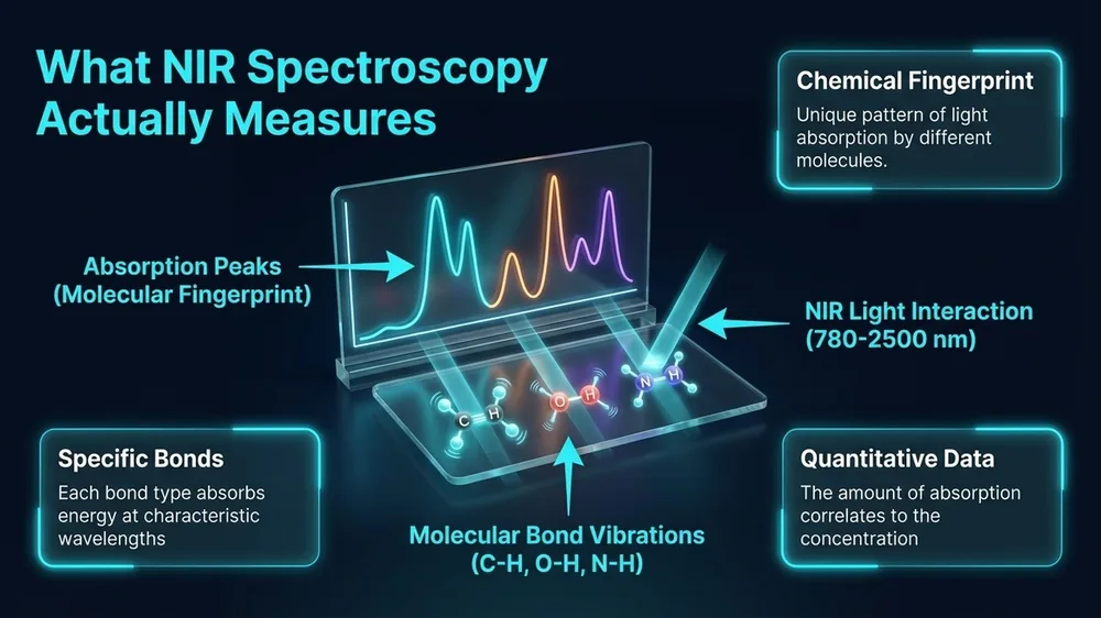Diagram of NIR spectroscopy process showing near-infrared light source, sample interaction with molecular bonds, and resulting spectral absorption data output for grain and feed analysis