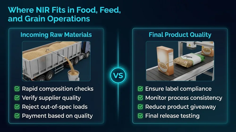 Flowchart showing NIR spectroscopy integration points across food, feed, and grain processing operations including intake, processing, and finished product verification stages