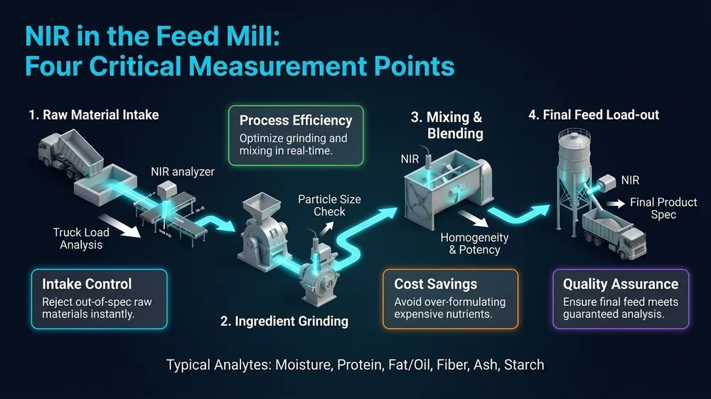 NIR spectroscopy equipment installed at feed mill intake station for rapid grain and ingredient quality analysis showing operator scanning incoming soybean meal sample