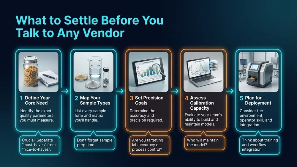 Decision checklist for NIR instrument selection showing five key questions to answer before contacting a vendor